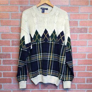 Vintage Nautica Pullover Sweater Beige Navy Green Plaid Diamond Pattern Size XL
